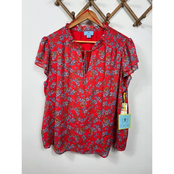 CeCe Flutter Sleeve Floral Print Tie Neck Blouse in Poppy Red Size 2X - Picture 2 of 8